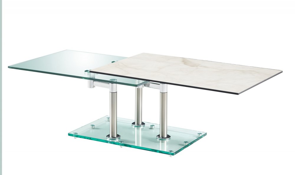 Table basse MATCH CERAMIQUE MARBLE 2 plateaux pivotants en verre piétement chrome